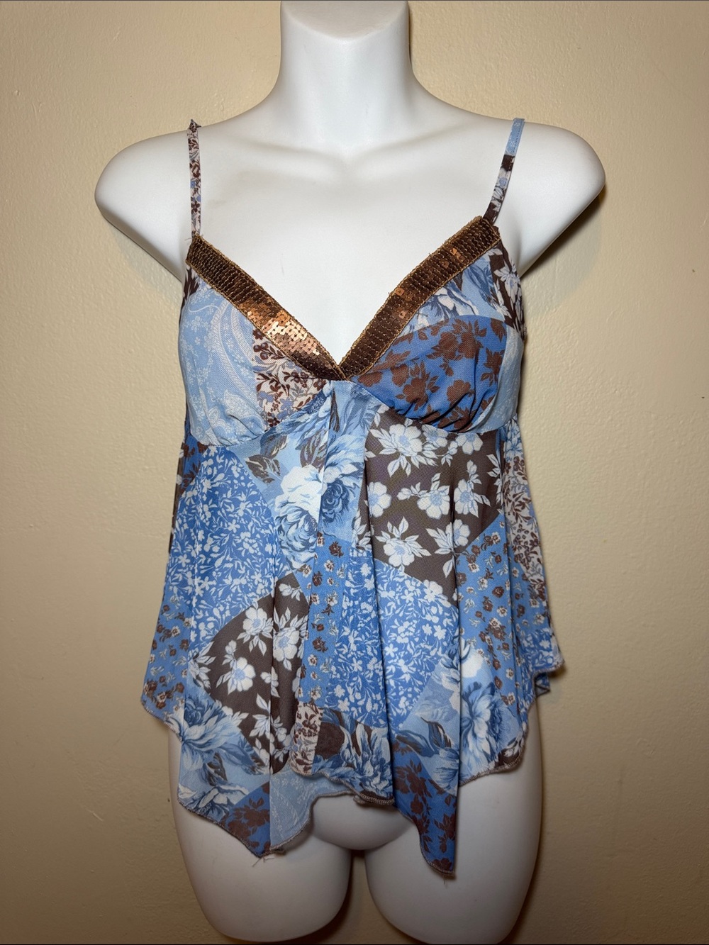 Blue and Brown Floral Patchwork Spaghetti Strap Cami Top